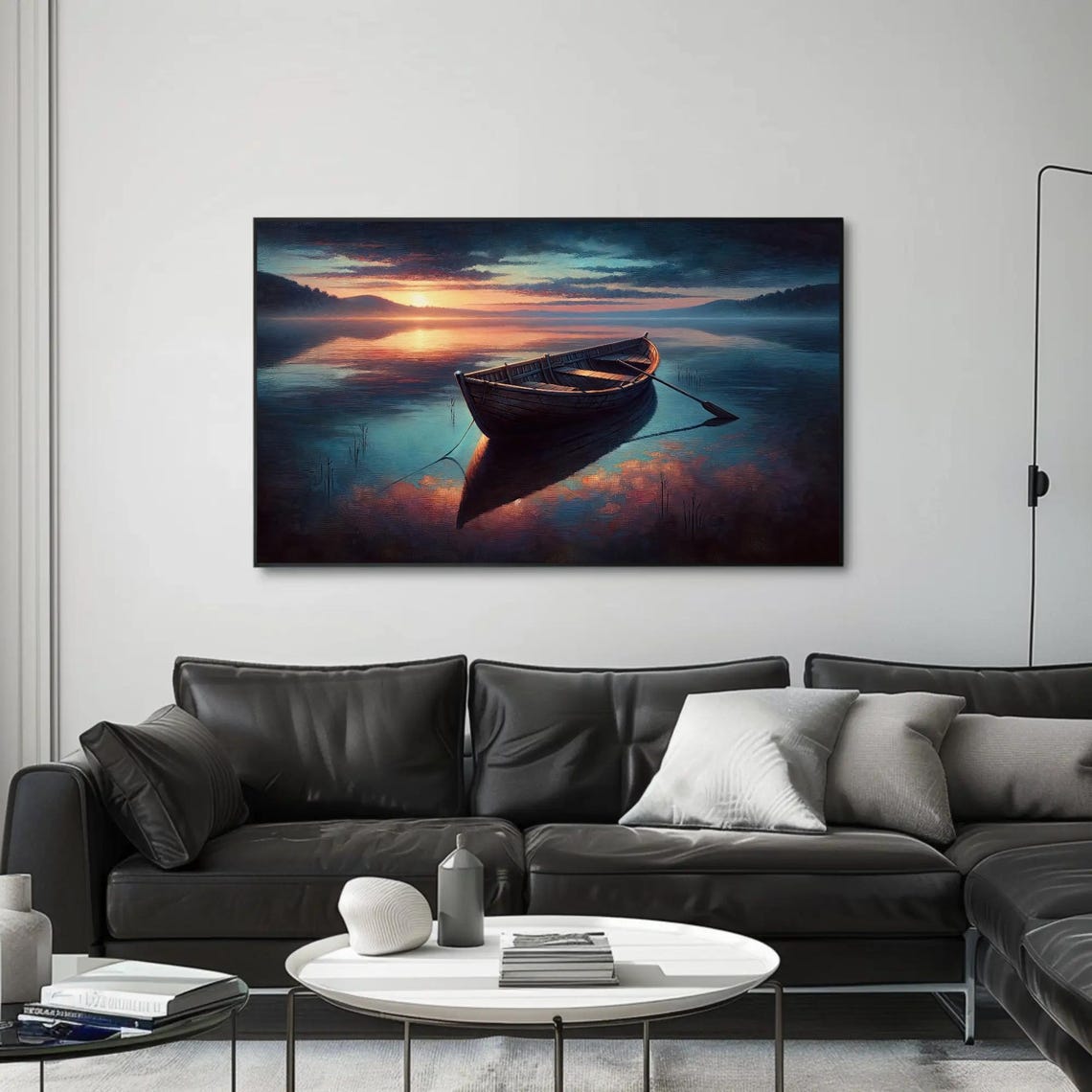 Wooden Rowboat At Sunset On Glassy Lake Mirror Reflections Poster - Image 4