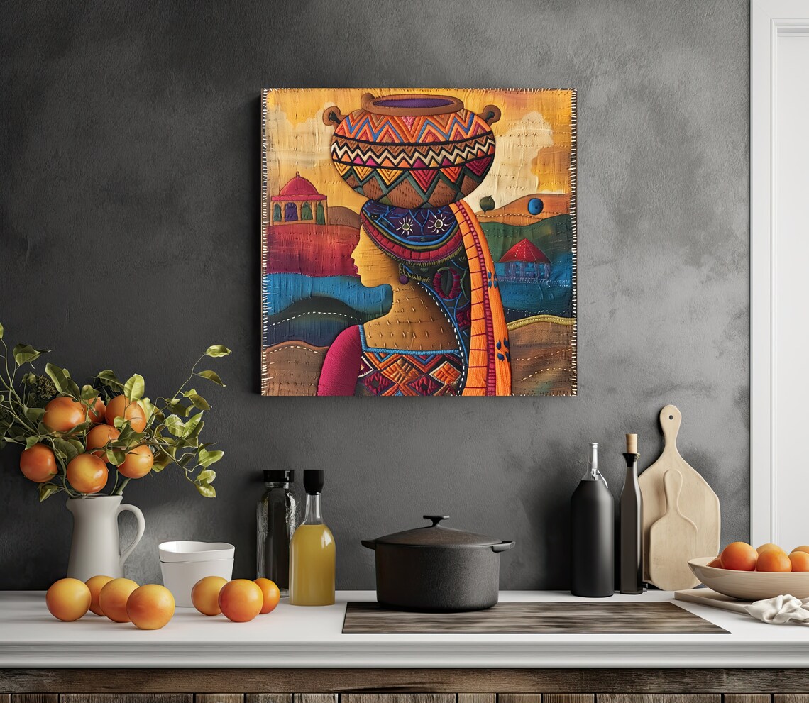 Indian Woman Carrying Water Pot Textile Art Poster Embroidery Style - Image 3