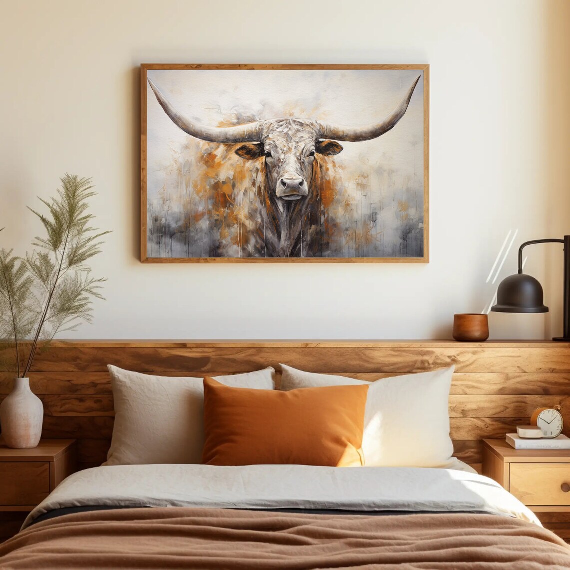 Abstract Texas Longhorn Portrait in Muted Gold and Gray Poster - Image 5