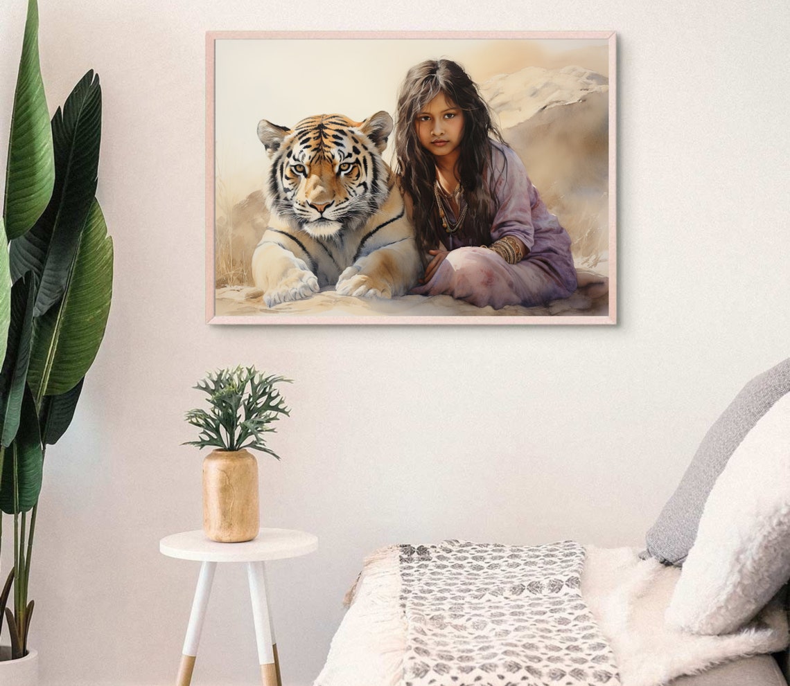 Girl With A Tiger Watercolour Painting Indian Girl Painting Tiger Print Indian Art Indian Watercolor Print Tiger Wall Art - Image 3