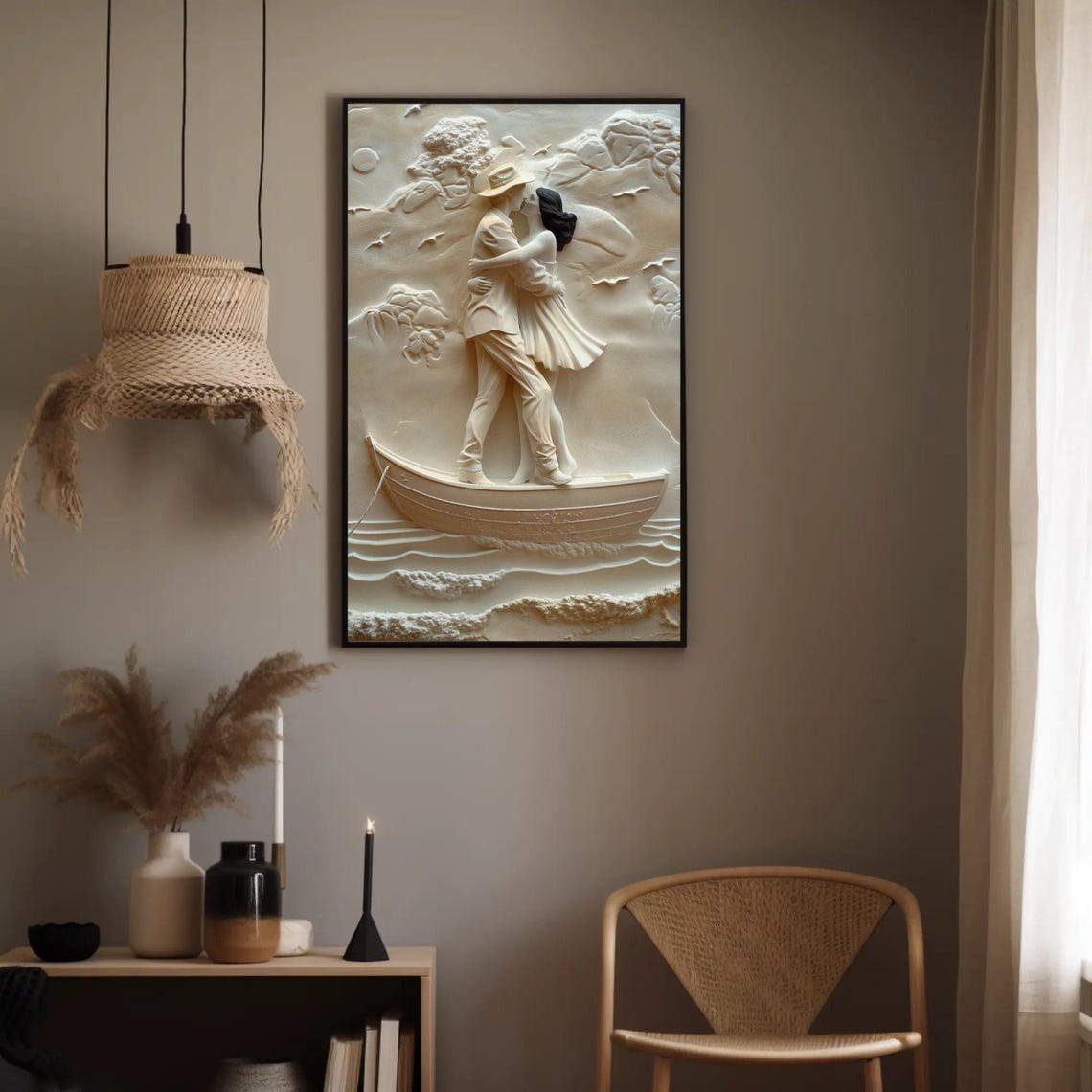 Romantic Couple Kissing On Boat White 3D Sculpted Relief Poster - Image 2