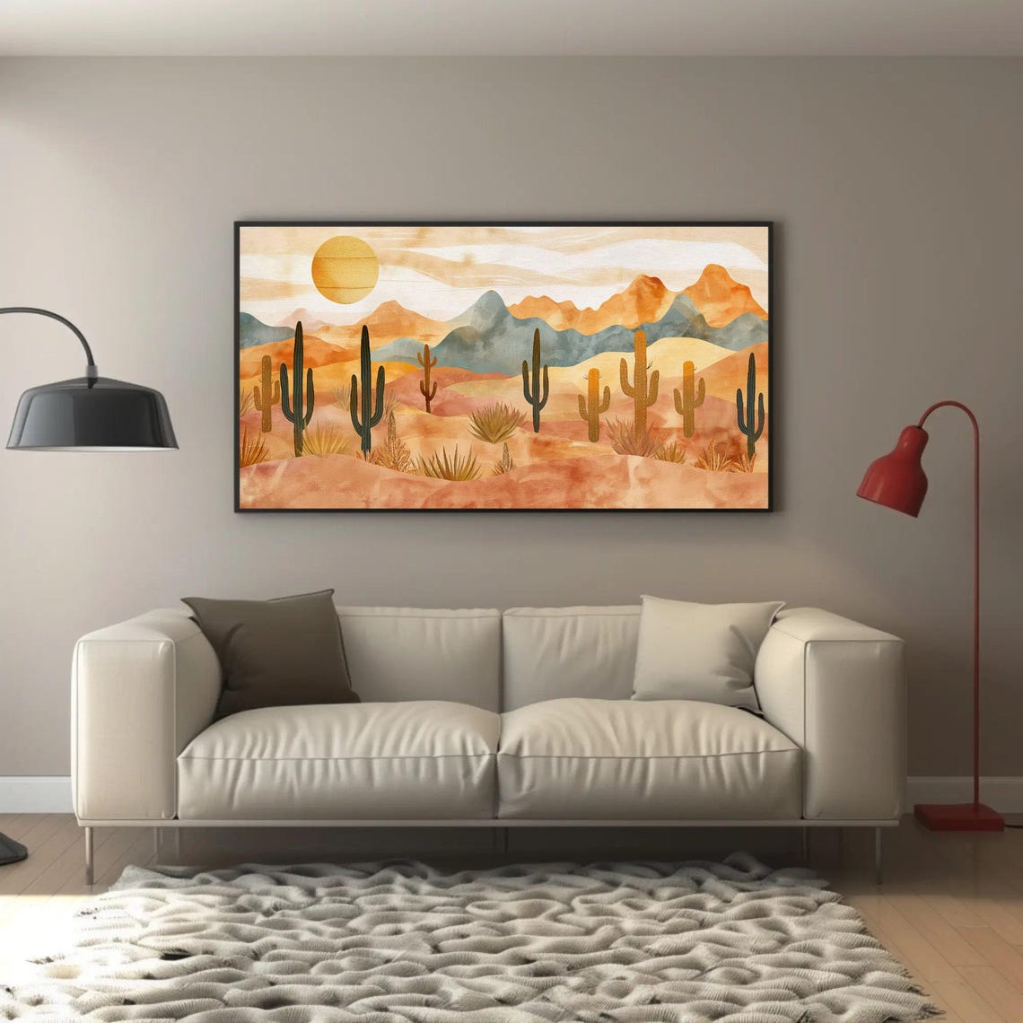 Boho Desert Landscape With Saguaro Cacti at Warm Sunset Poster - Image 2