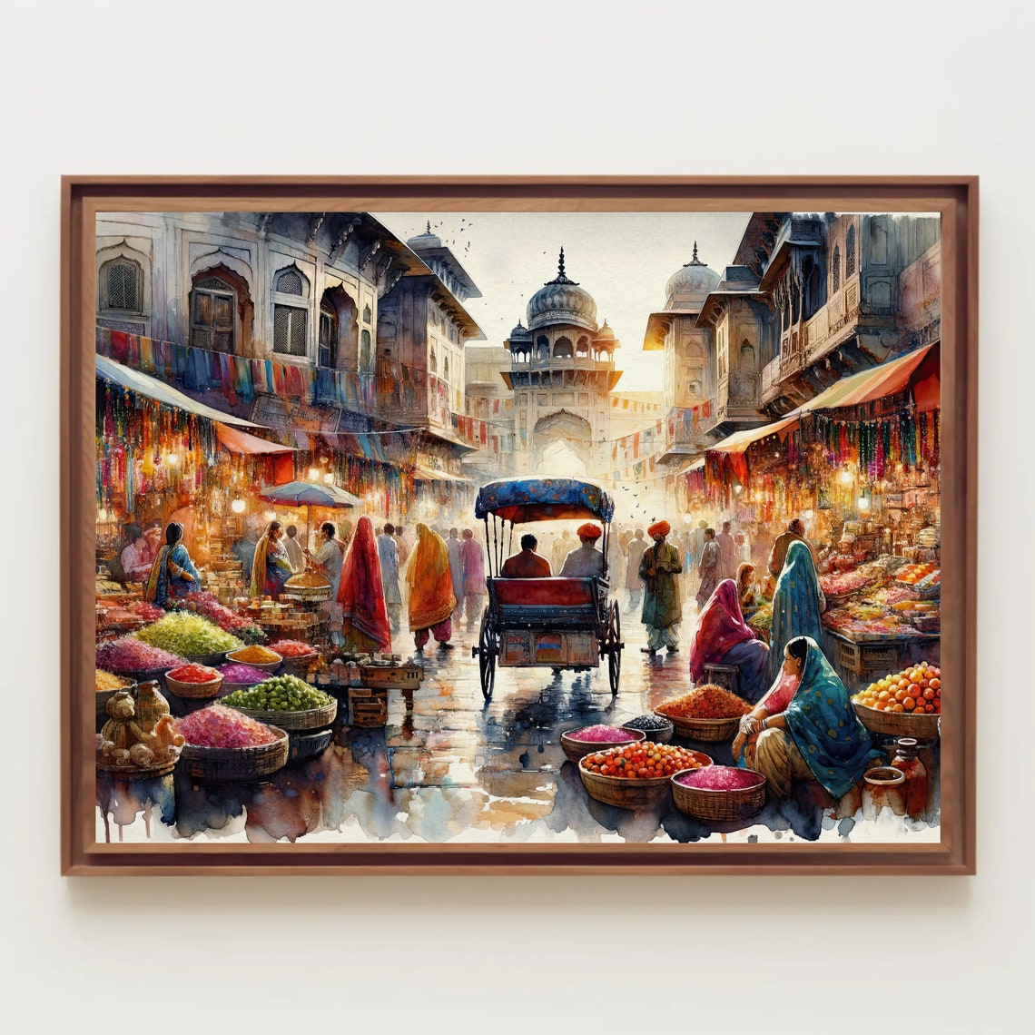 Indian Bazaar Spice Market Bustling Watercolor Street Scene Poster