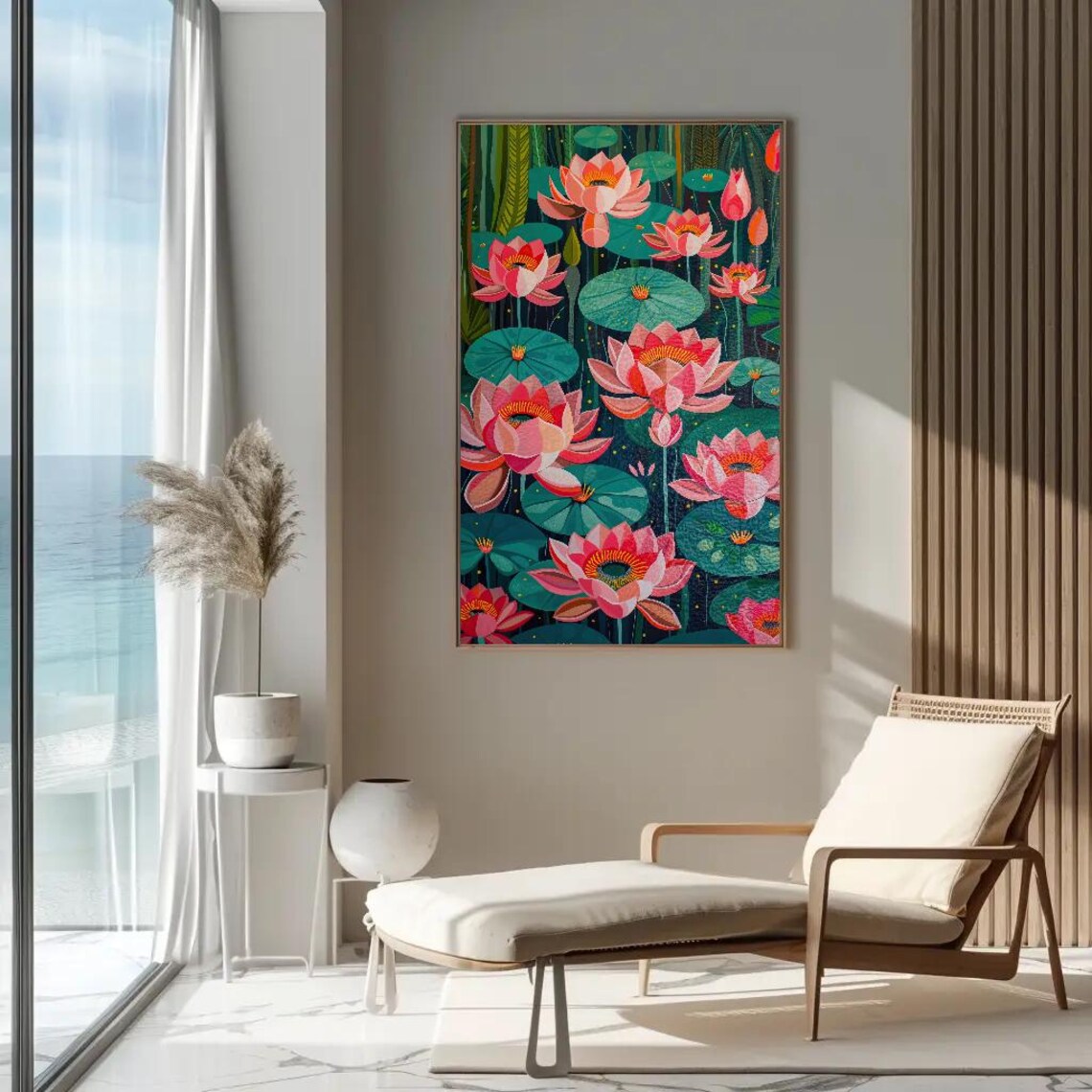 Pink Lotus Flowers On Dark Pond Lily Pads Watercolor Botanical Poster - Image 3