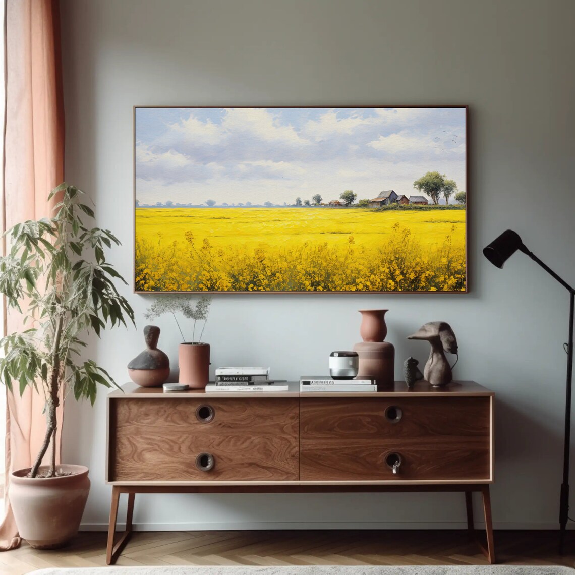 Mustard Field Farmhouse Bright Yellow Flowers Landscape Art Print - Image 3