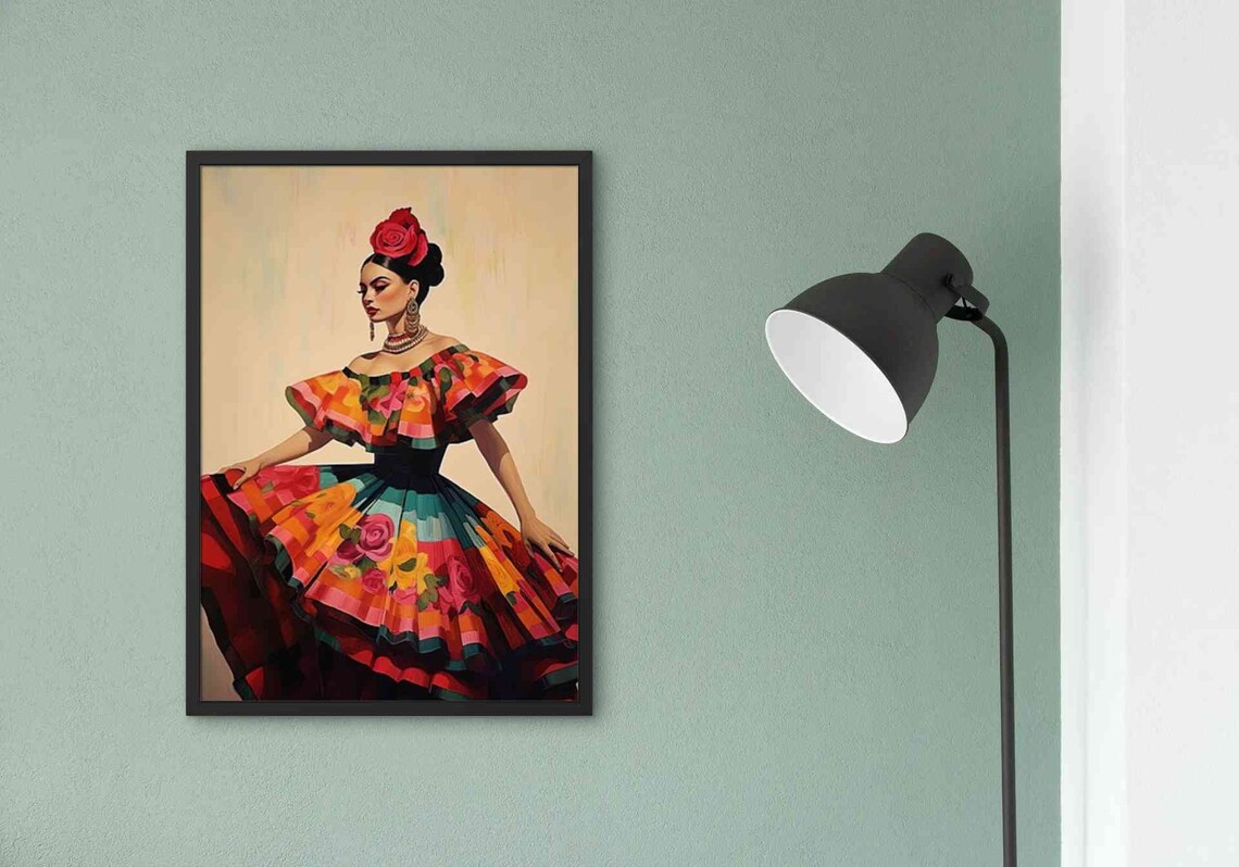 Mexican Woman in Festive Folk Dress With Rose Portrait Poster - Image 3