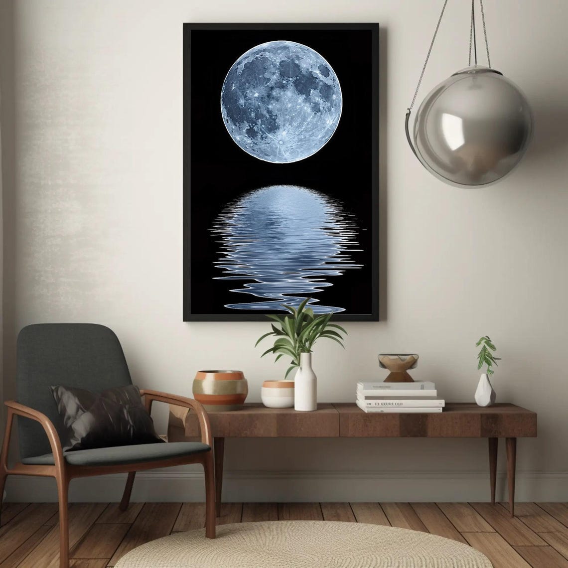 Full Moon Over Black Ocean Water Reflection Minimalist Night Poster - Image 3