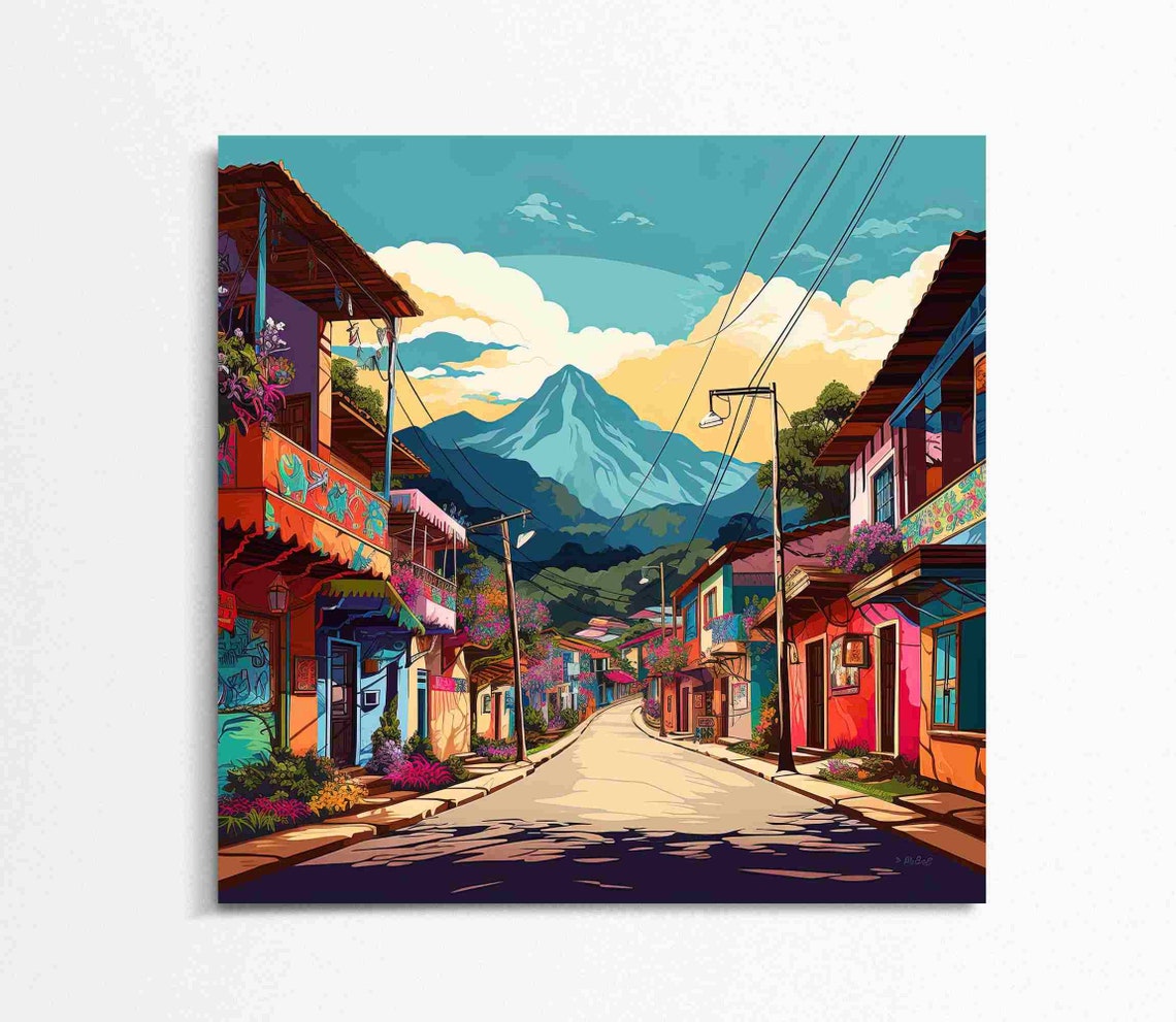 Colombia Colorful Street Shops Andes Mountain Backdrop Travel Poster - Image 4
