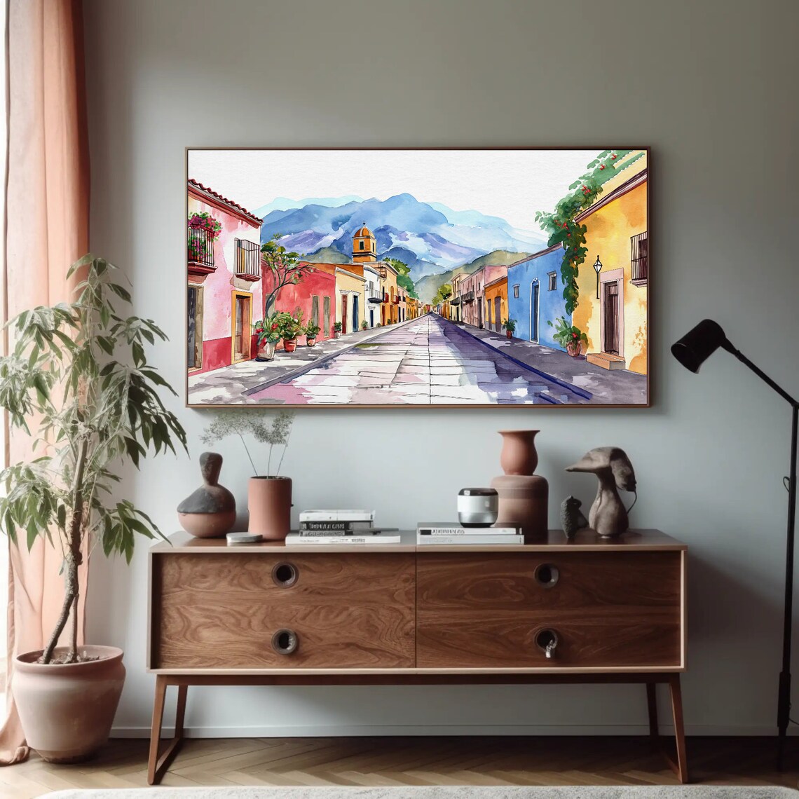 Mexican Colonial Street with Mountains and Church Watercolor Poster - Image 4