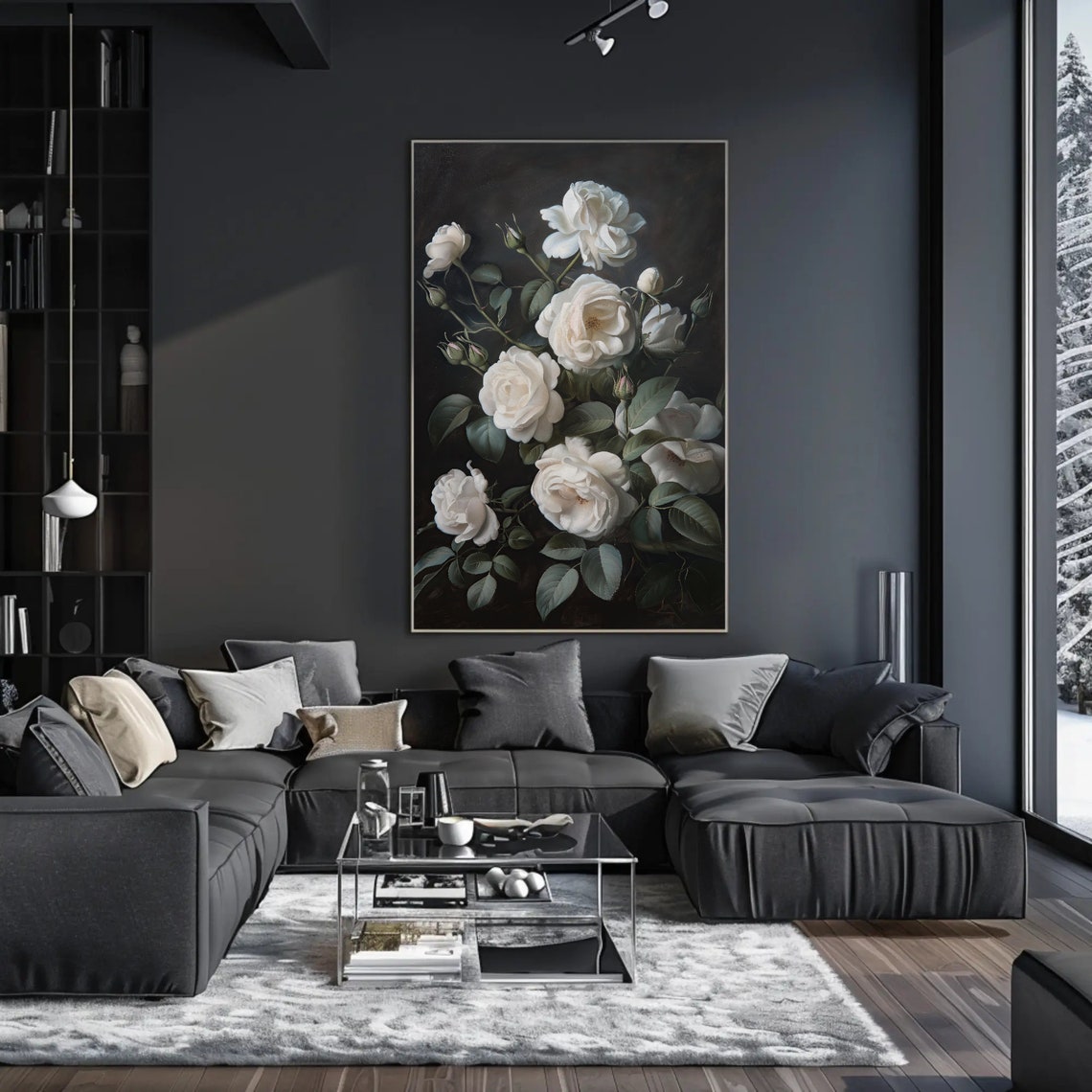 White Roses Dark Academia Oil Painting Botanical Moody Floral Poster - Image 5
