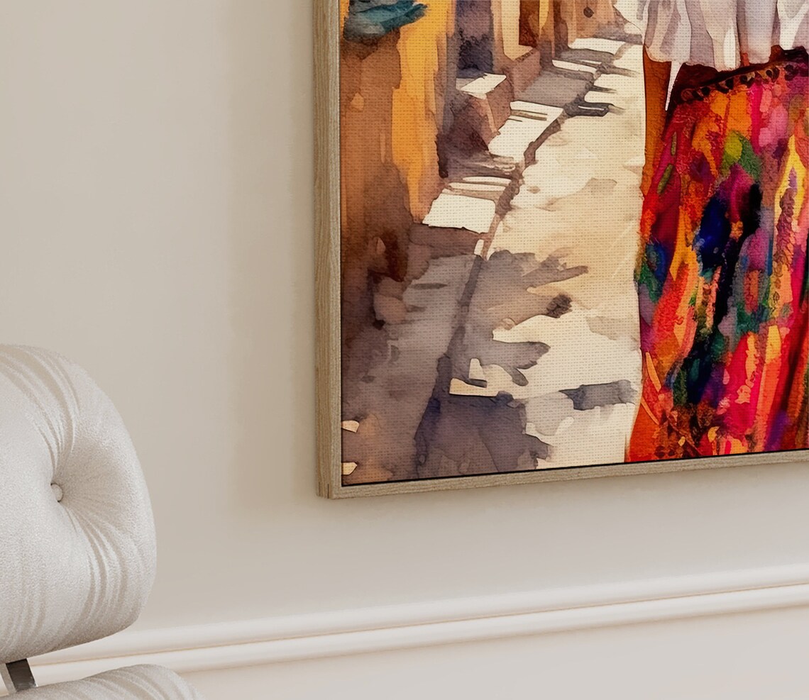 Mexican Woman In Colorful Skirt Walking A Sunlit Old Town Alley Poster - Image 3