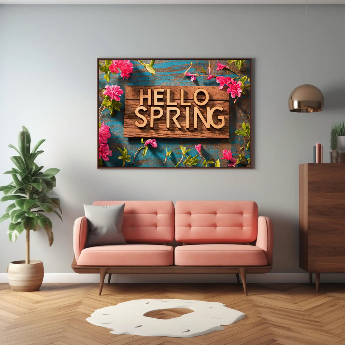 Hello Spring Wooden Sign Teal Planks Pink Blossom Decor Poster - Image 3