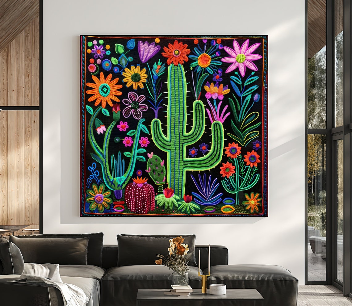 Desert Cactus and Wildflowers Huichol Yarn Art Poster Black Background - Image 5