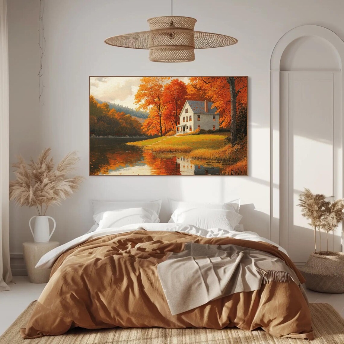 New England Farmhouse In Autumn White House By The Lake Poster - Image 2