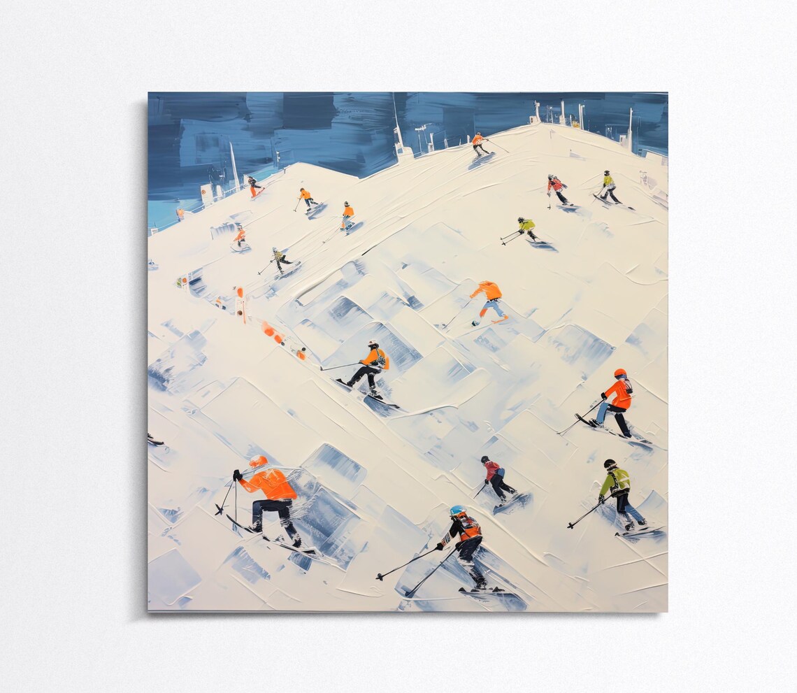 Skiers Descending Snowy Slope Abstract Winter Sports Scene Poster - Image 4
