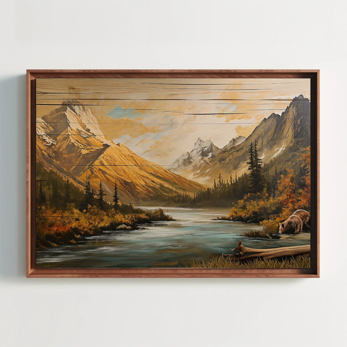 Wood Effect Mountain River Scenery, Rustic Decor Art Print - Image 4
