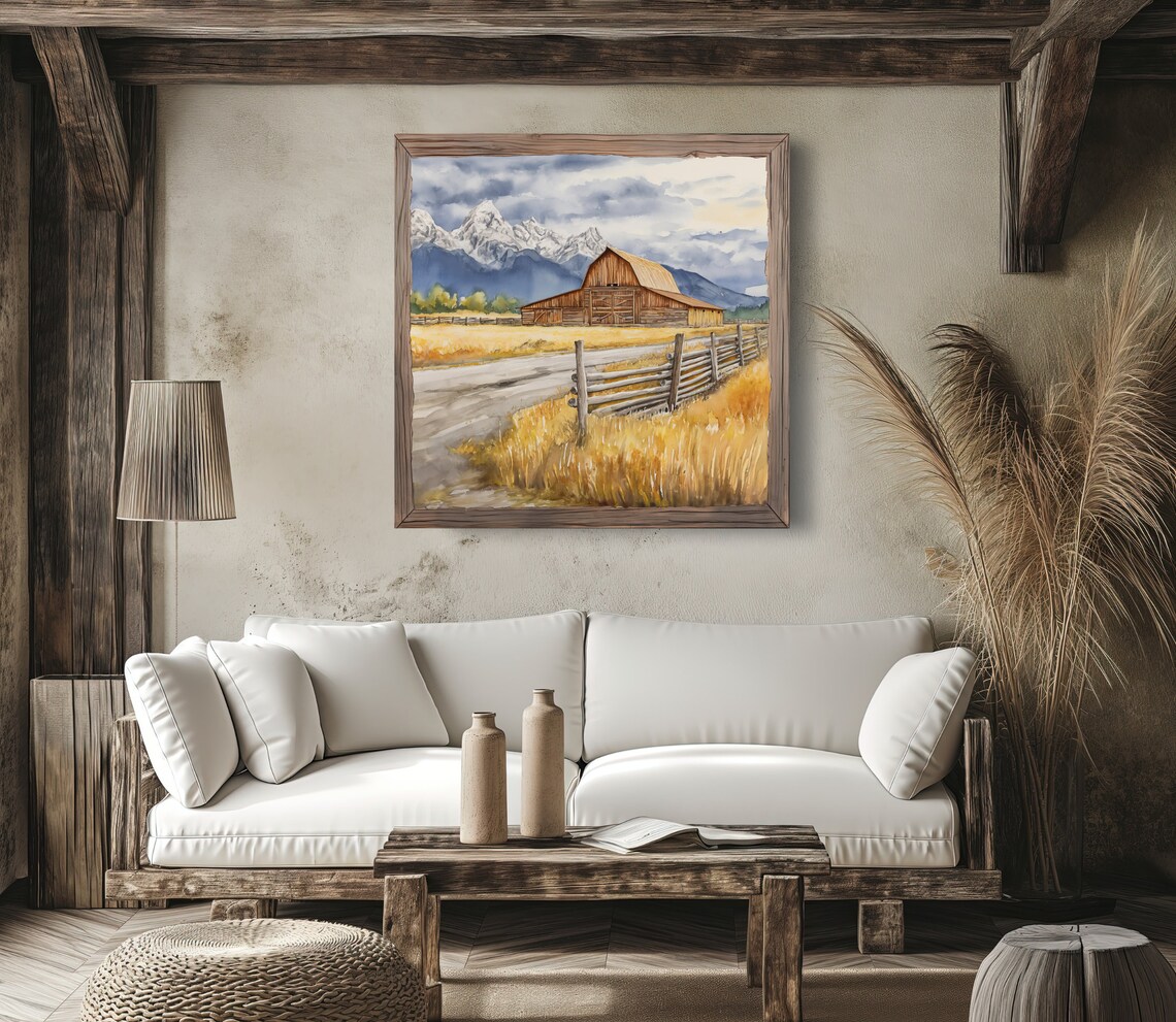 Moulton Barn and Grand Teton Mountains Wyoming Watercolor Poster - Image 5