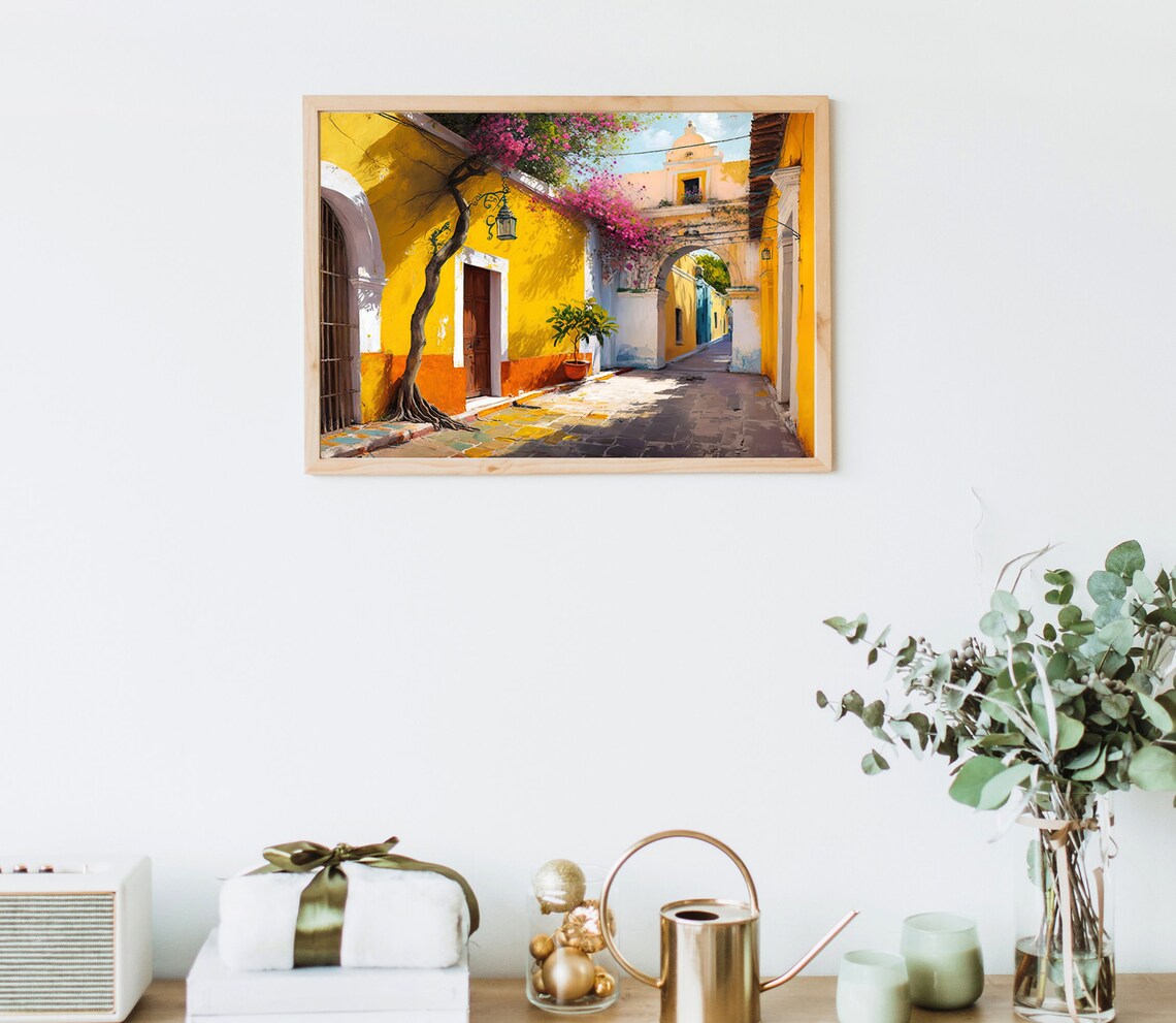 Sunlit Izamal Colonial Alley With Bougainvillea Arch and Church Poster - Image 4