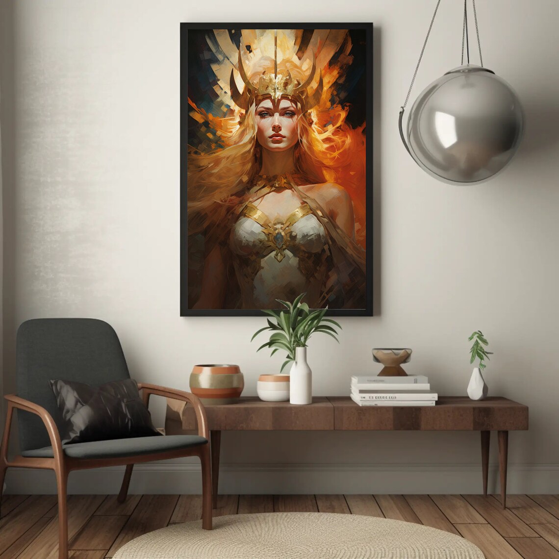 Goddess Freyja Portrait Golden Horned Crown Fiery Norse Poster - Image 4
