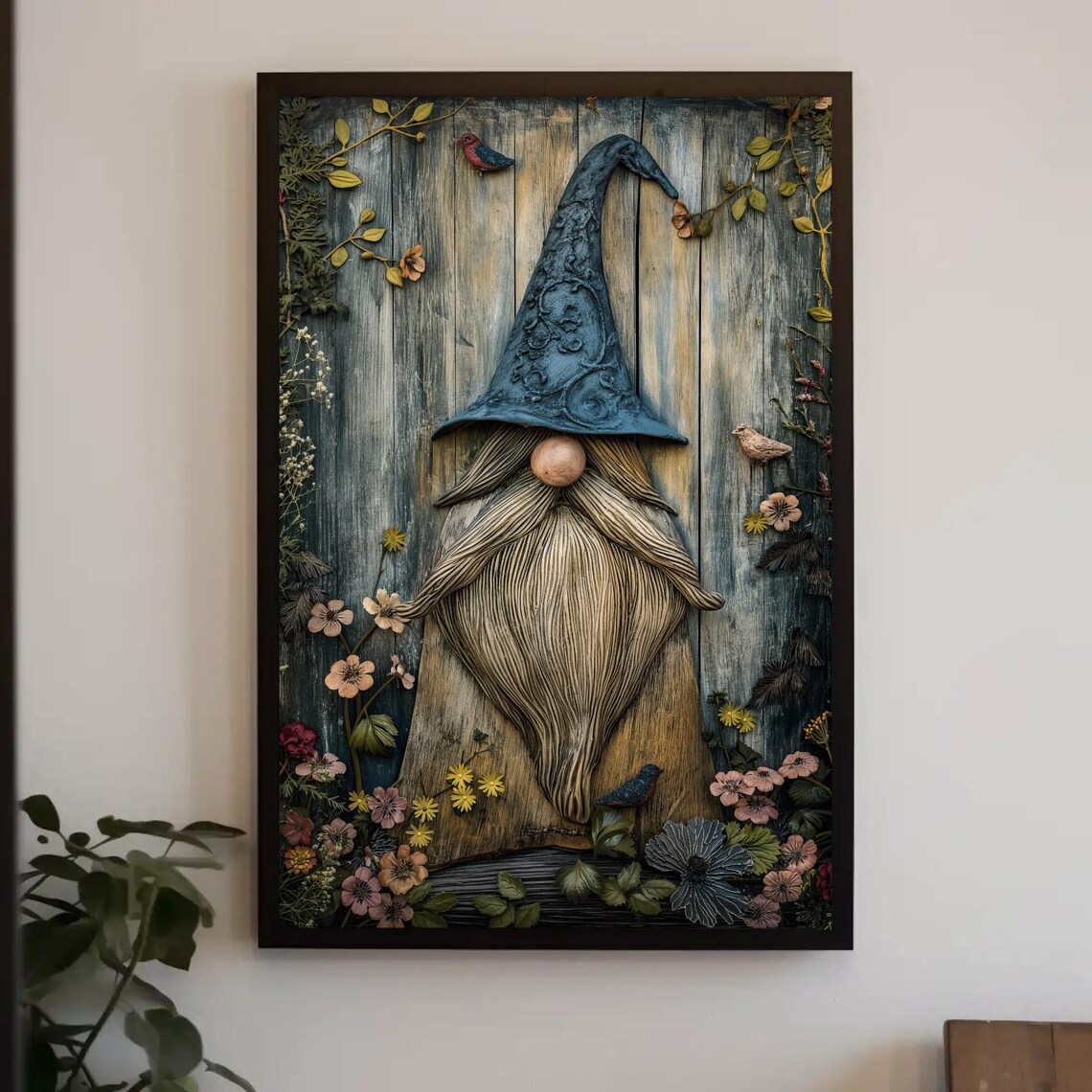 Gnome With Wooden Fence and Flowers, Wall Art Print