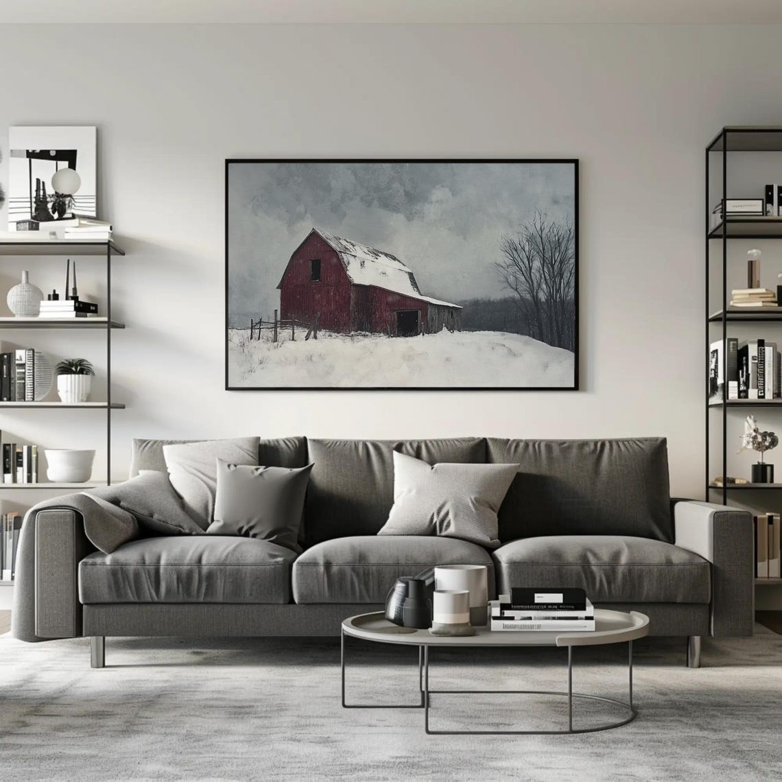 A Lonely Red Barn In Deep Winter Snow Under Gray Skies Poster - Image 2