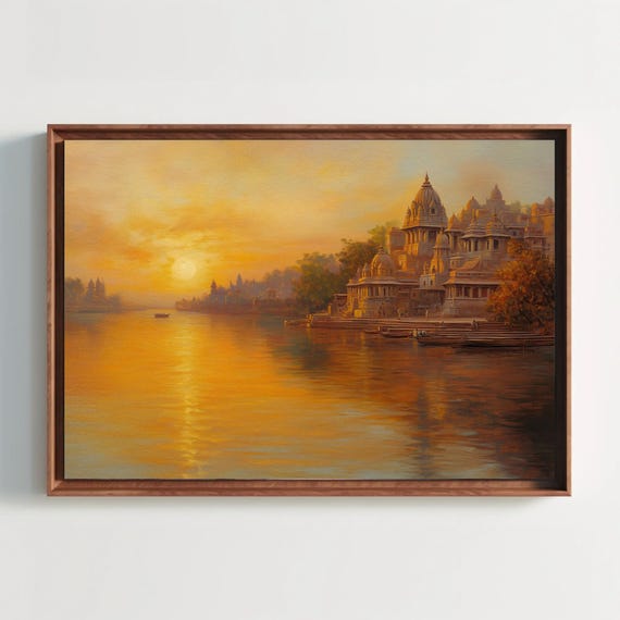 Golden Hour On The Ghats Print Indian River Landscape Art Varanasi Wall Decor Cultural Indian Artwork Ready To Hang