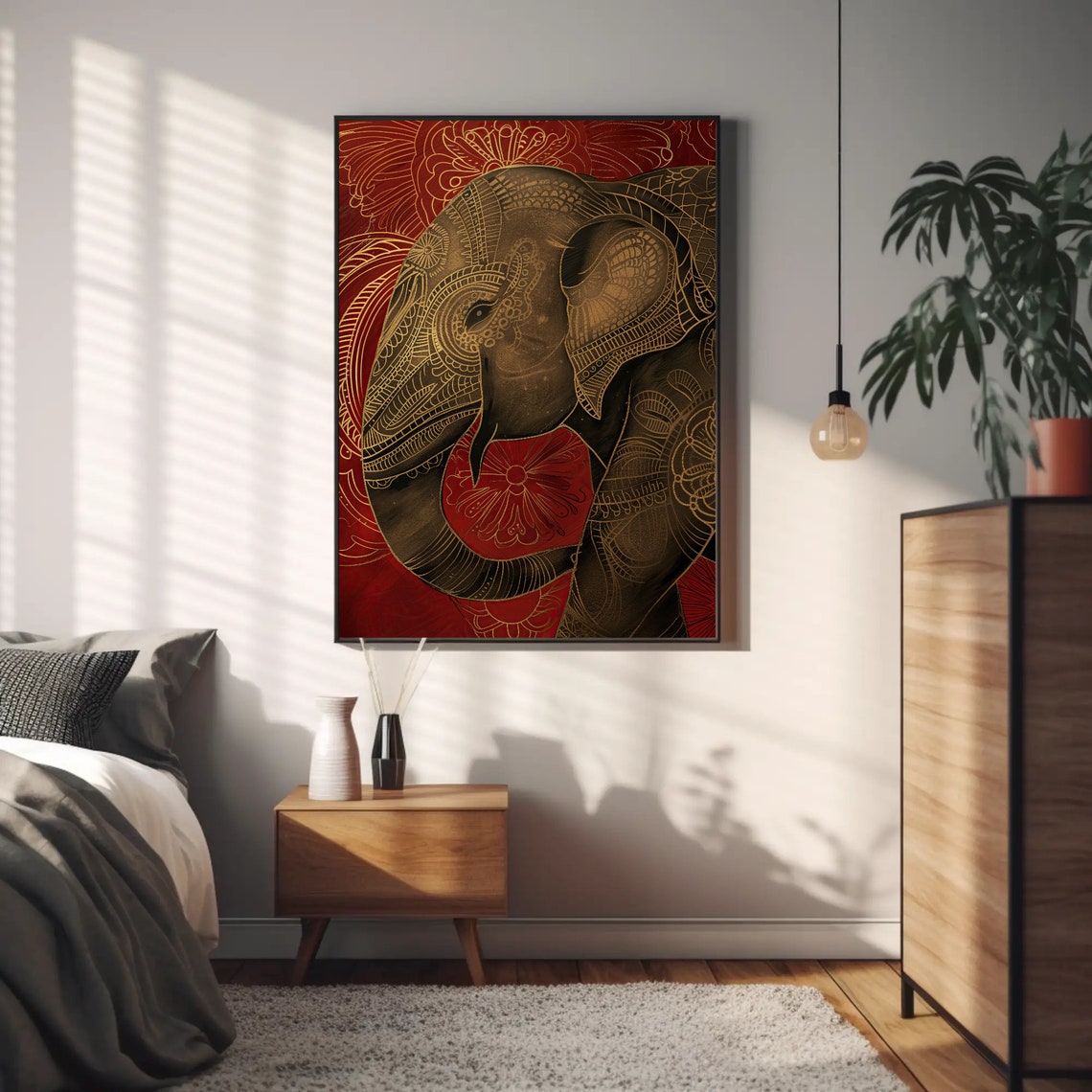 Indian Royal Elephant Gold Mandala on Red Spiritual Wall Poster - Image 2