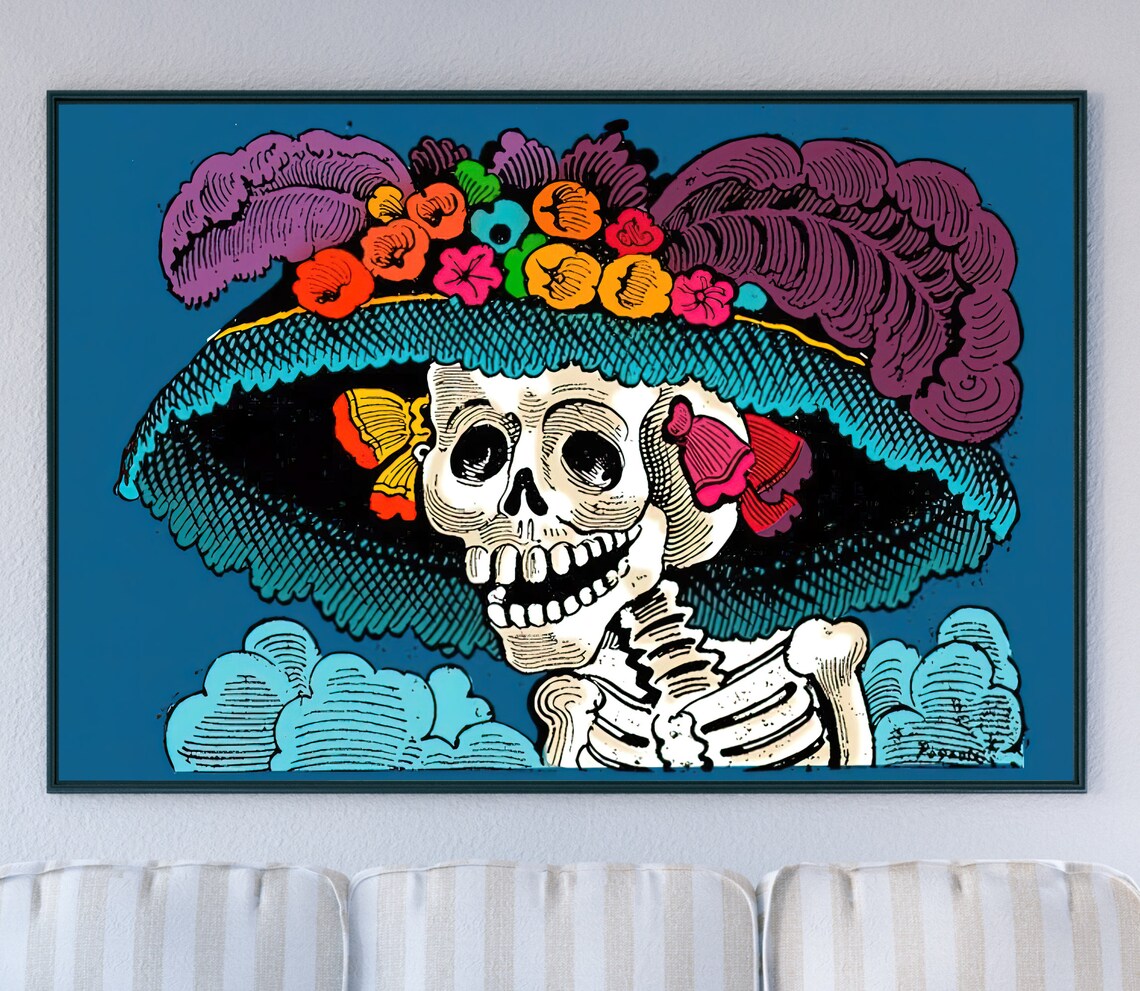 La Calavera Catrina Day Of The Dead Blue Mexican Folk Art Poster - Image 3