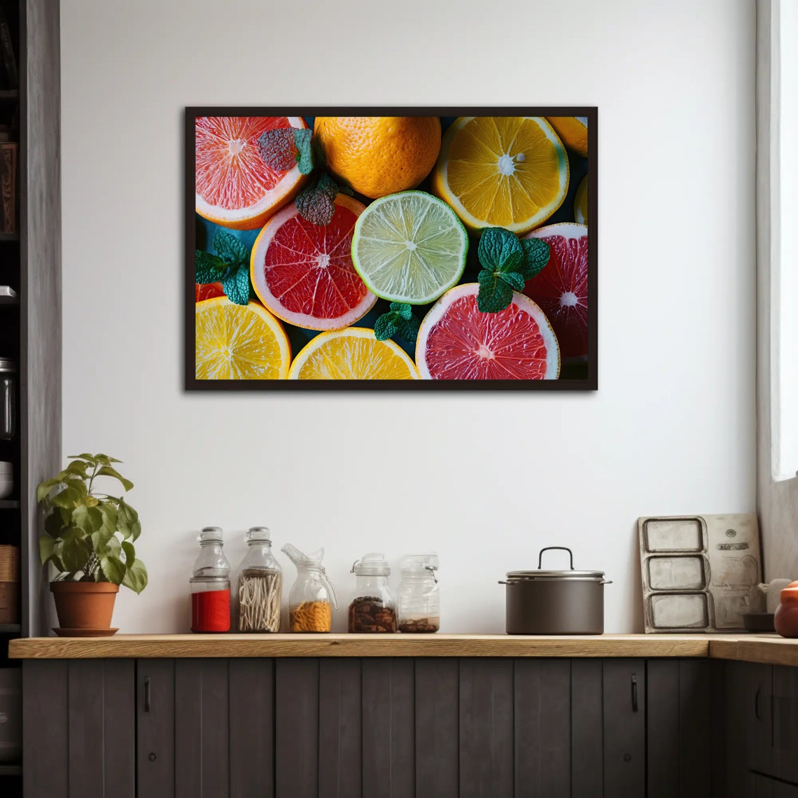 Vibrant Citrus Slices Mint Leaves Close Up Kitchen Art Poster - Image 2