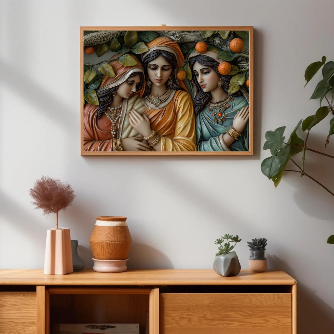Three Indian Sisters Orange Tree Traditional Dress Relief Poster - Image 3