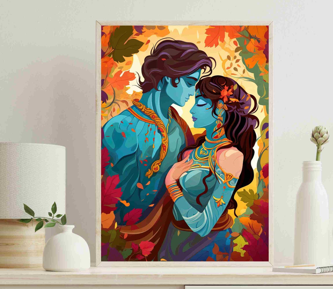 Krishna and Radha Divine Embrace Among Autumn Leaves Art Poster