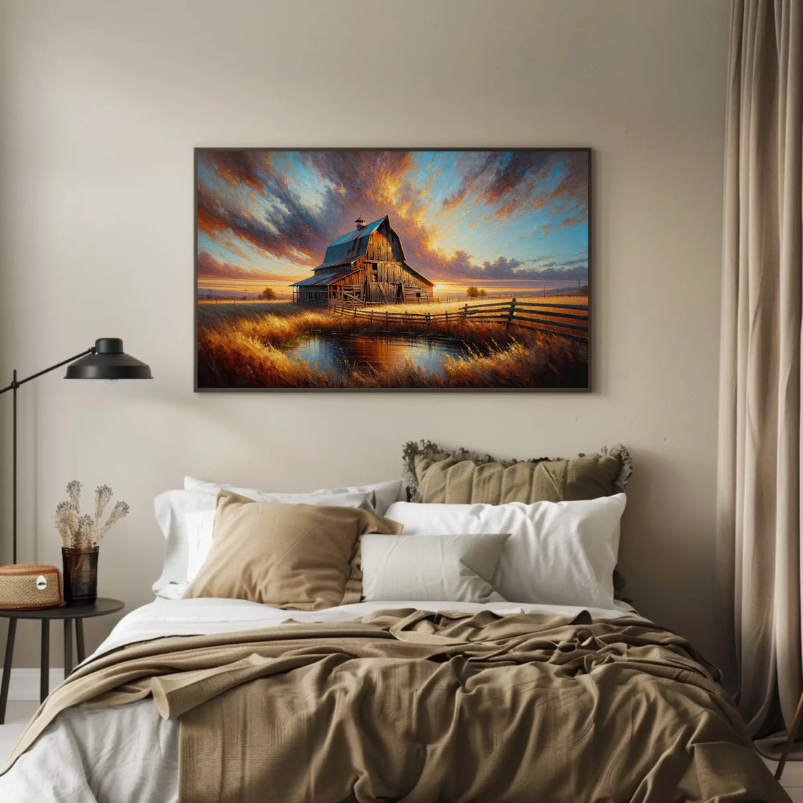 Weathered Barn At Sunset Pond Golden Dusk Landscape Painting Poster - Image 2