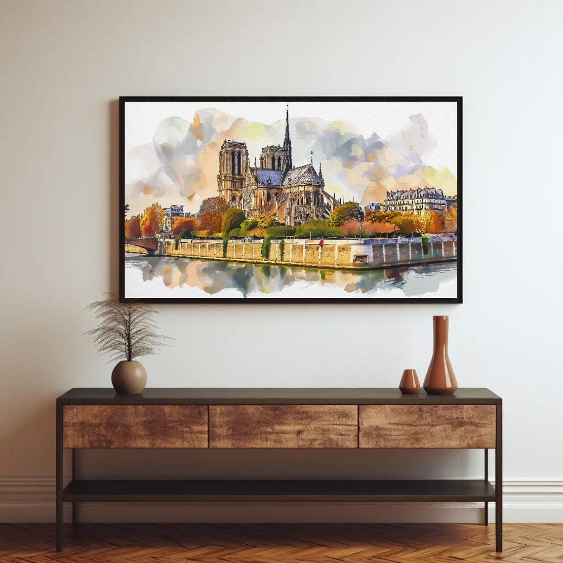 Notre Dame De Paris Seine River Autumn Watercolor Landmark Poster - Image 2