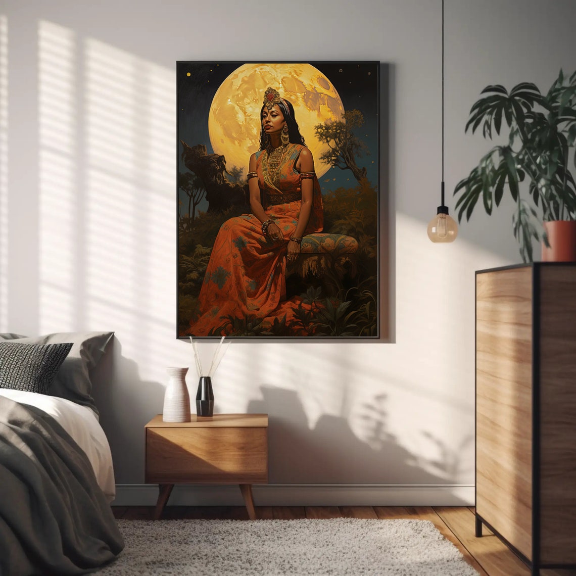 Regal Indian Woman Seated in Jungle Under Giant Full Moon Poster - Image 2