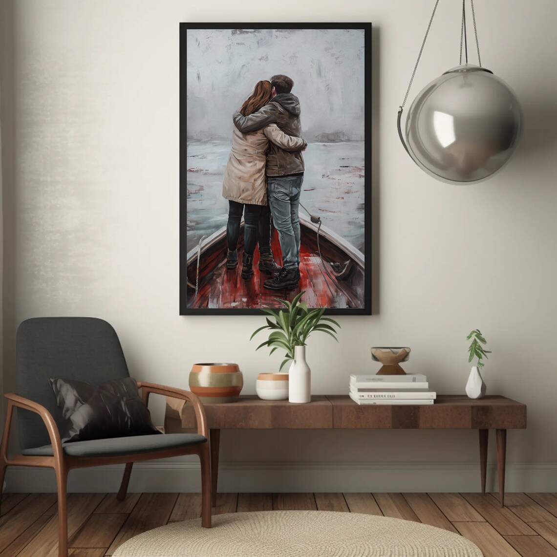 Romantic Couple Embracing in a Boat Oil Painting Poster Misty Waters - Image 3