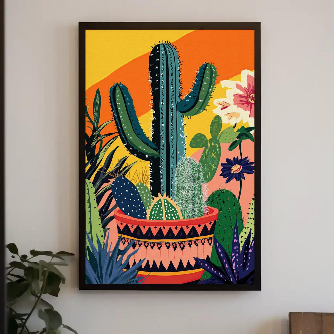 Modern Cacti Cluster in Patterned Terracotta Pot at Sunset Art Poster