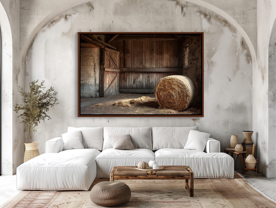 Weathered Old Barn Interior With Round Hay Bale Country Poster - Image 4