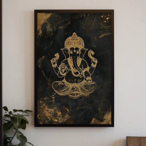 Gold And Black Ganesha Print Yoga Room Decor Ganesh Ji Art Large Painting Hindu God Wall Decor Indian Art Ready To Hang