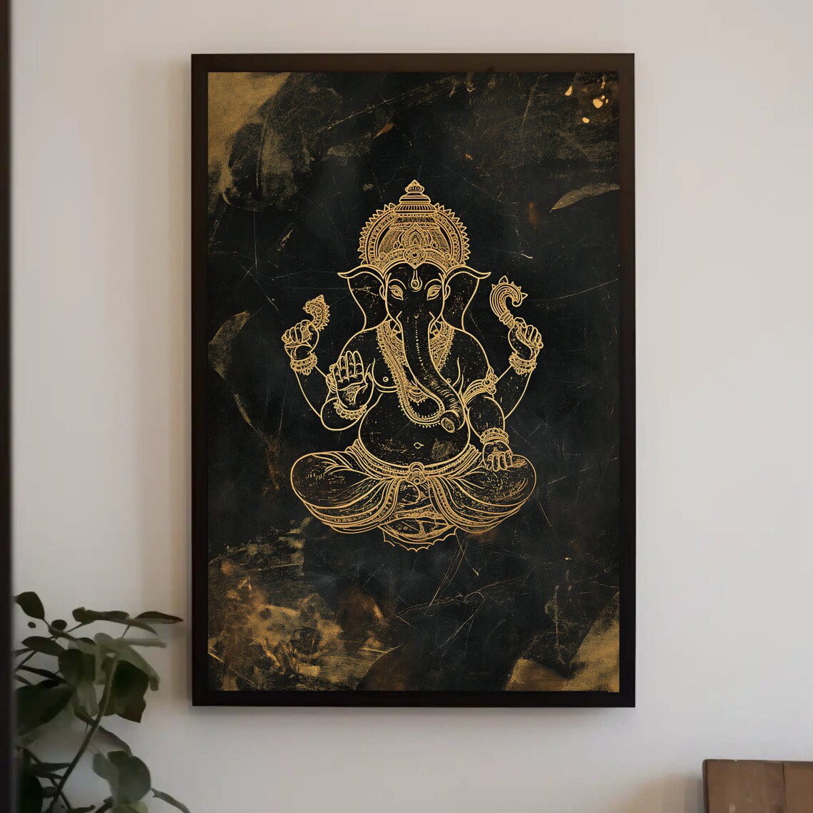 Gold Ganesha Line Art on Black Distressed Hindu God Wall Poster