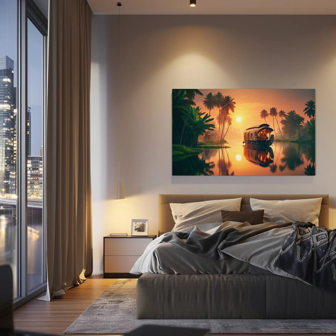 Kerala Backwaters Painting Framed Print Indian Oil Painting Nature And Indian Cultural Decor Ready To Hang Living Room Bedroom - Image 3