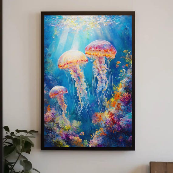 Whimsical Underwater Scene Print Ethereal Jellyfish And Coral Reefs Oil Painting Dreamy Ocean Wall Art For Living Room Or Bedroom