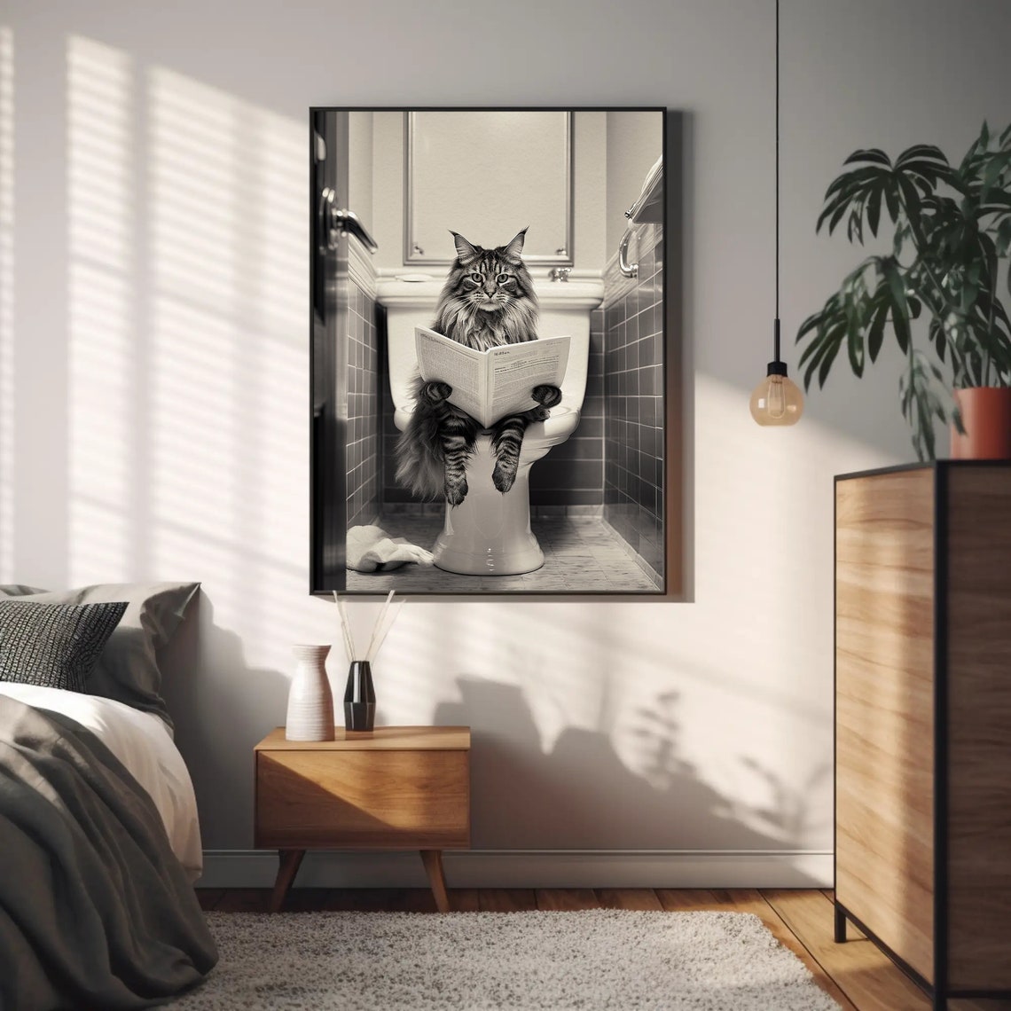 Long Haired Cat Reading Newspaper on Toilet Bathroom Humor Poster - Image 4