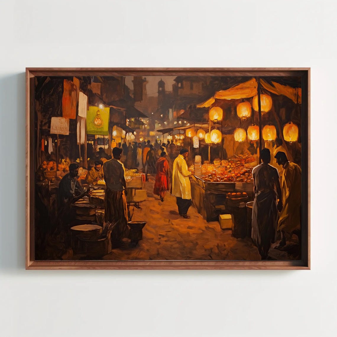 Lantern Lit Indian Night Bazaar With Crowded Fruit Stalls Poster