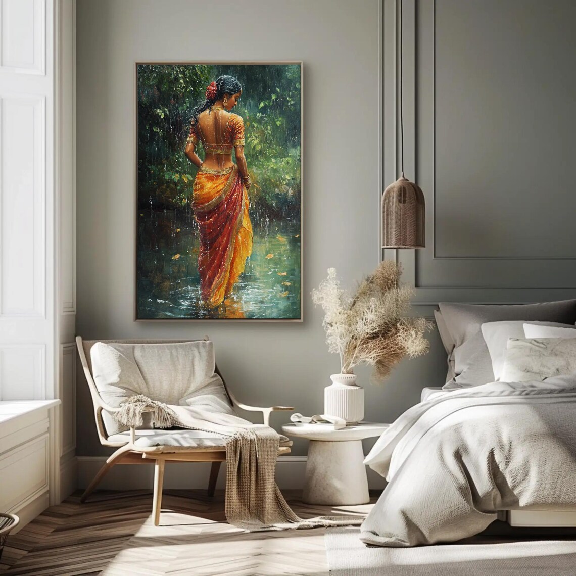 Indian Girl in Rain, Traditional Oil Painting Print - Image 2