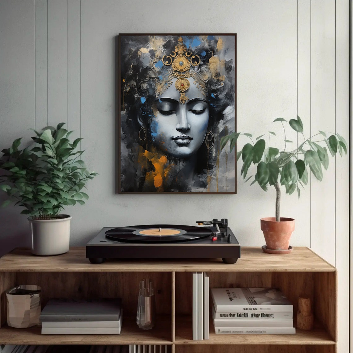 Lord Krishna Portrait Golden Crown Blue Grey Abstract Poster - Image 2