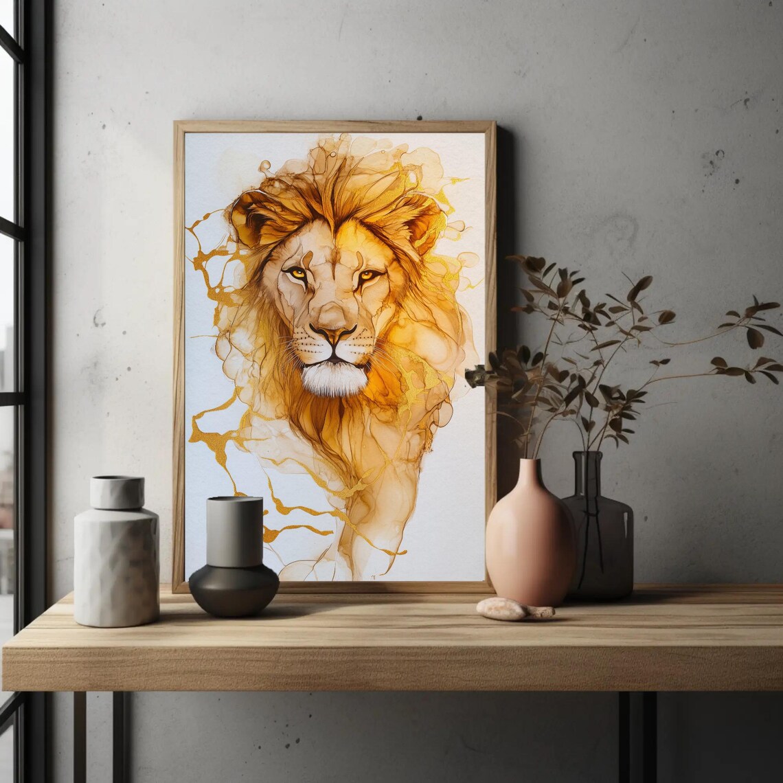Golden Lion Alcohol Ink Splash Portrait Majestic Wildlife Art Poster - Image 2