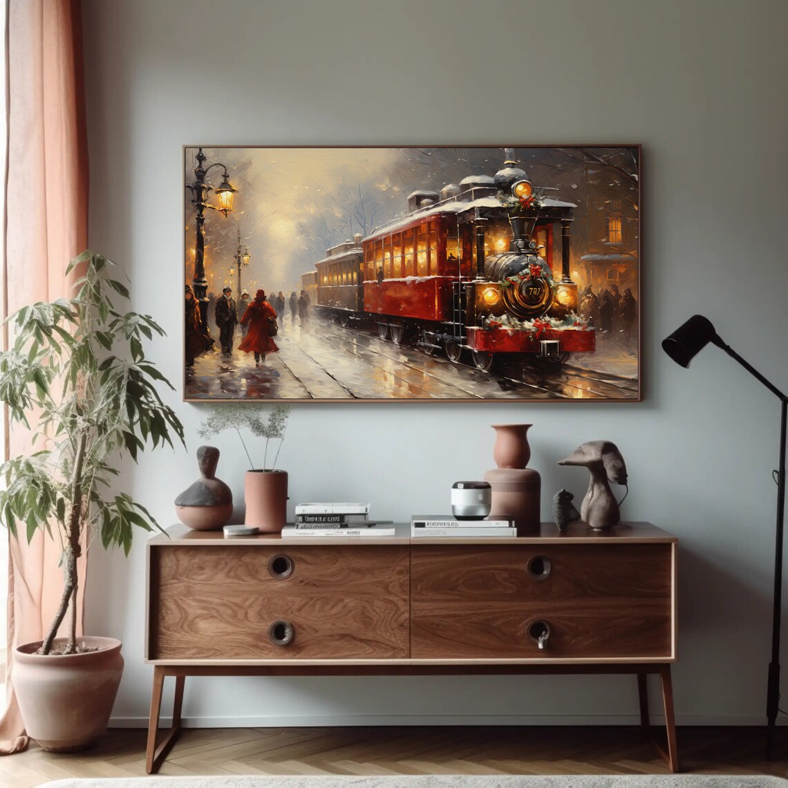 Red Vintage Train in a Snowy Christmas Station Scene Art Poster - Image 5