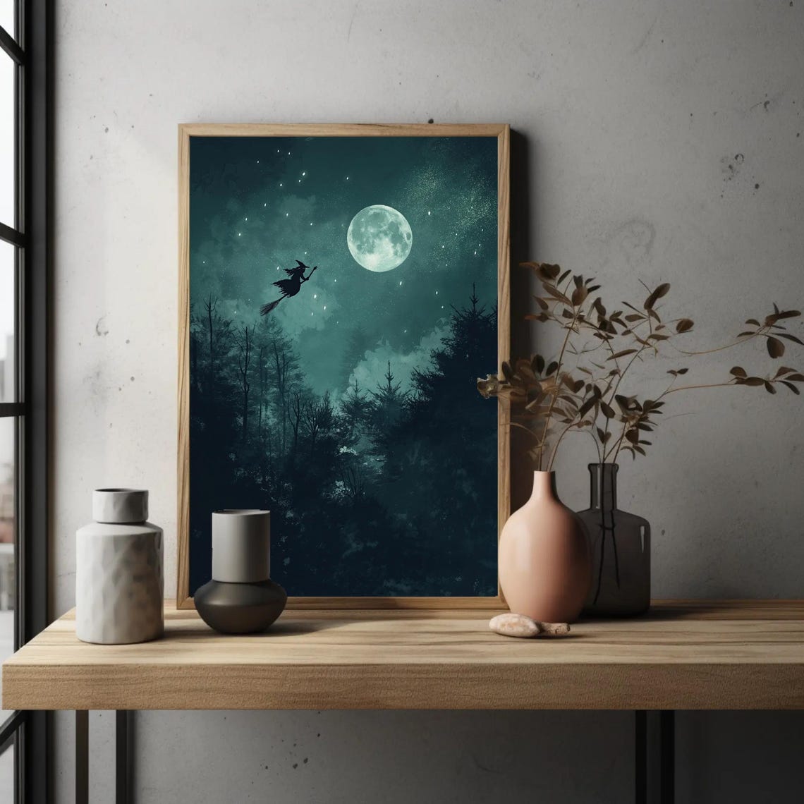 Witch Flying On Broomstick Past Full Moon Halloween Night Poster - Image 4