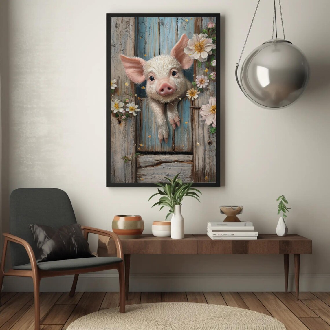 Cute Piglet Over Wooden Fence Whimsical Farm Animal Art Poster - Image 2