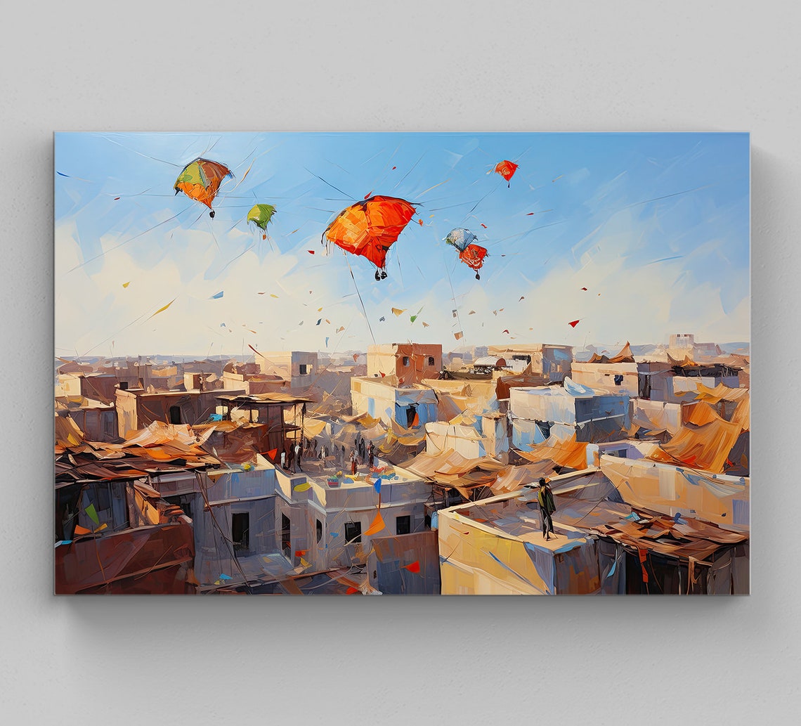 Colorful Kites Over Old City Rooftops India Kite Festival Art Poster